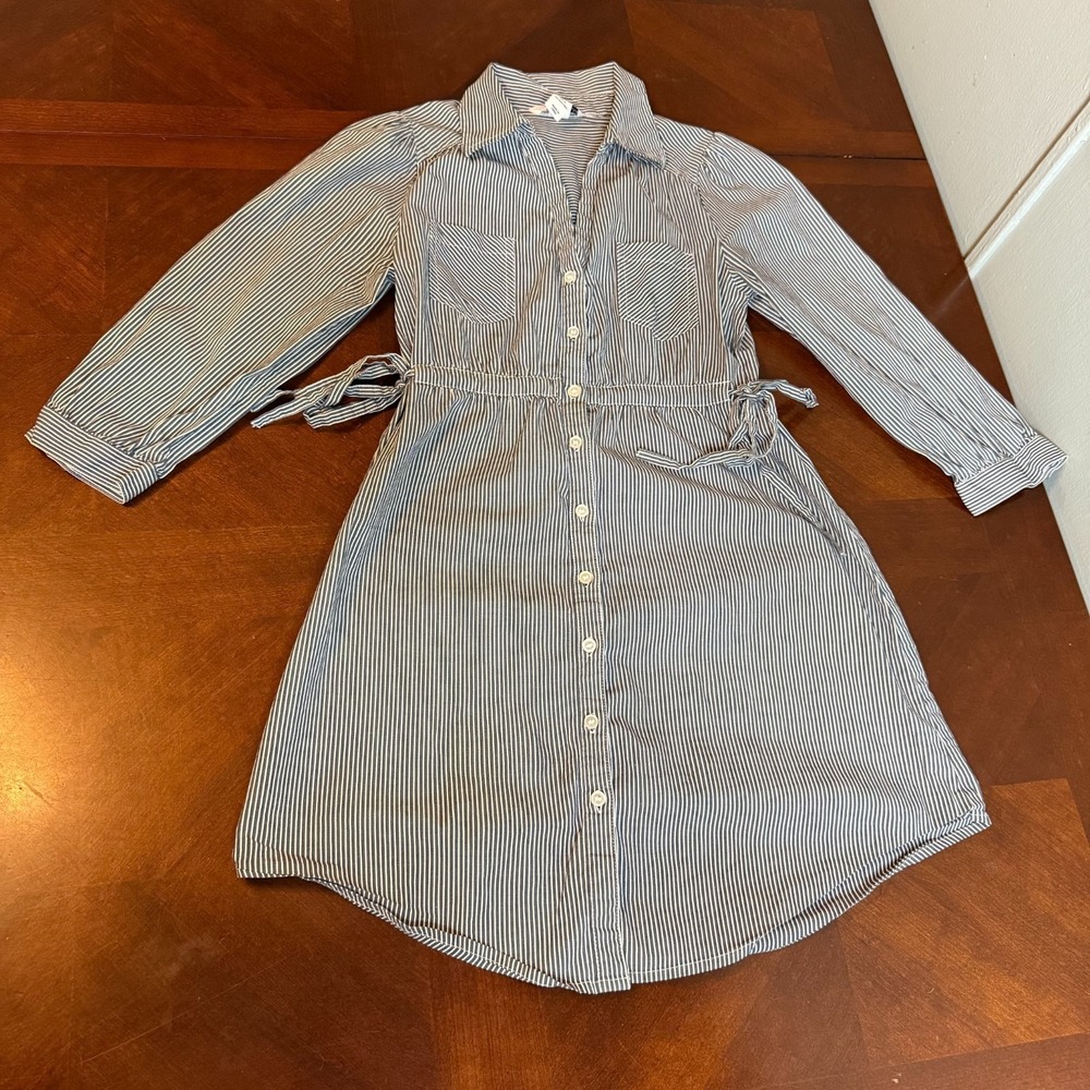 Women's black White Striped Shirt Dress Tie Waist Button Front Casual size 2